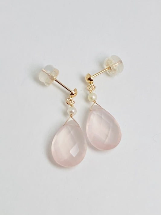 K10イエローゴールド 淡水パール　ローズクォーツピアス