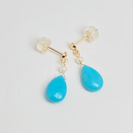 K10イエローゴールド ターコイズ･淡水パールピアス